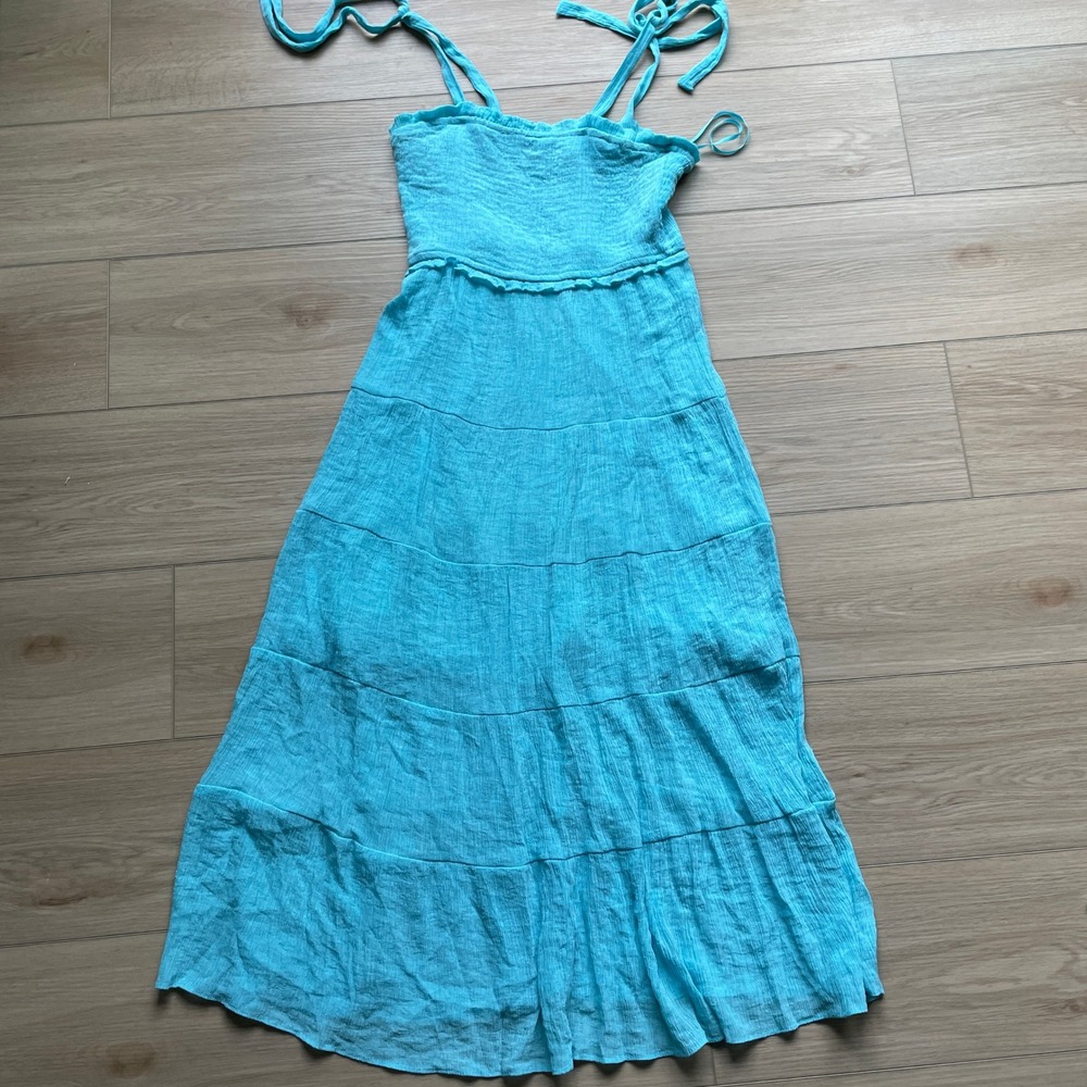 Altar'd State Turquoise Blue Smocked Tiered Midi Dress Tie Straps Size M